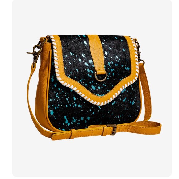 Yellow *Myra* Skyviews Leather & Hairon Bag | Black w/ Turquoise Sparkles | NWT - Picture 1 of 8